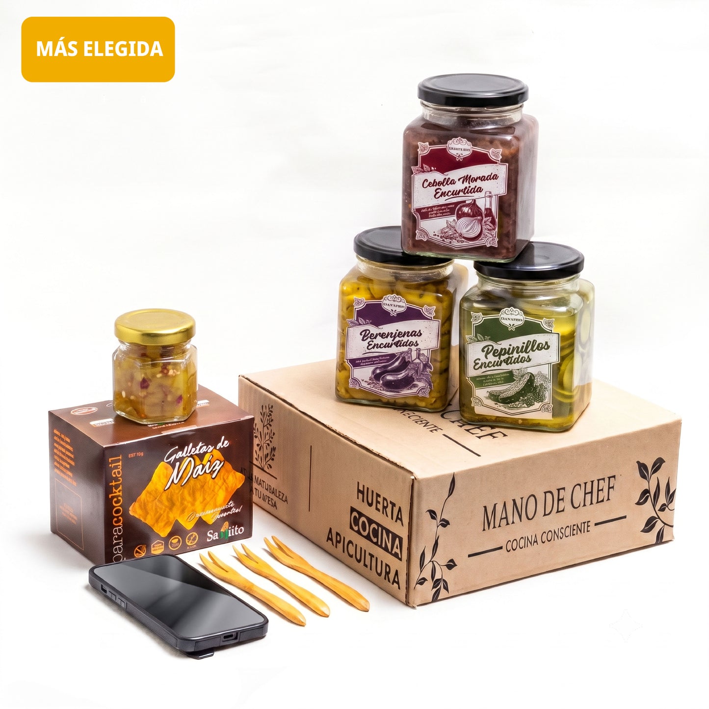 Pack Encurtidos Artesanales - Mano de Chef : 3 encurtidos + Galletas Picoteo + 3 Tenedores Picoteo + Videos recetario y  Guía de Maridaje + Producto EXCLUSIVO